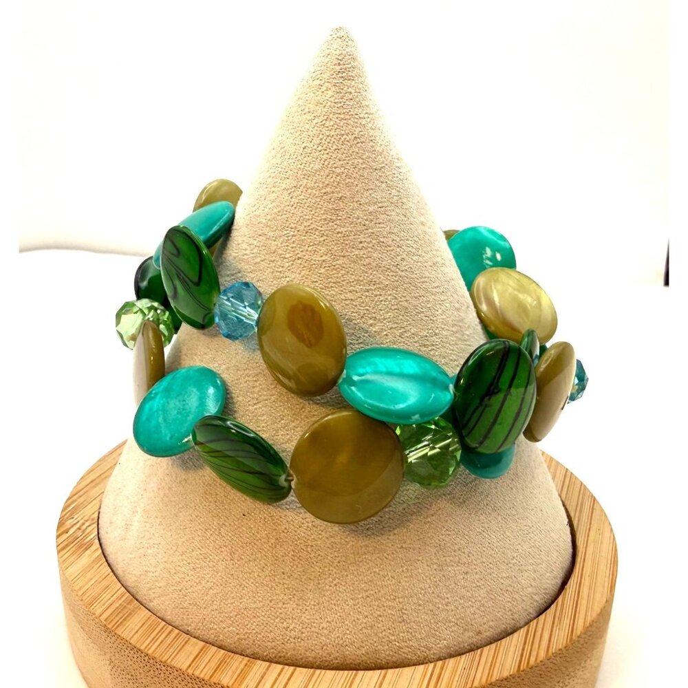 Green Teal Boho Stretch Bracelet Set Art Glass Beads Coastal Artisan Style
